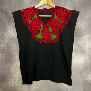Mexican Oaxacan Hand Embroidered Rose Peasant Blouse Vintage 60s 70s Traditional